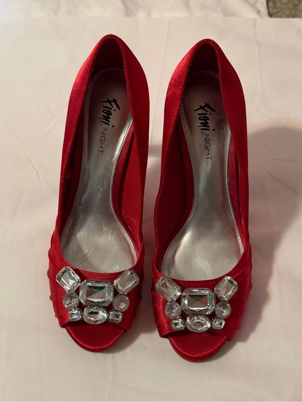 FIONI Clothing Red Satin Peep-Toe Heels with Jewel Embellishments